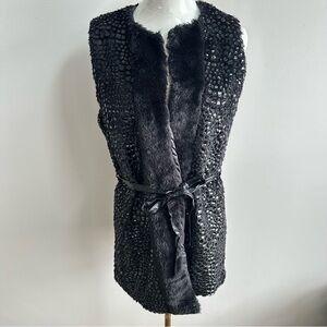 Womens Black Faux Fur Embellished Open Belted Vest Small Mobwife Goth‎ Glam